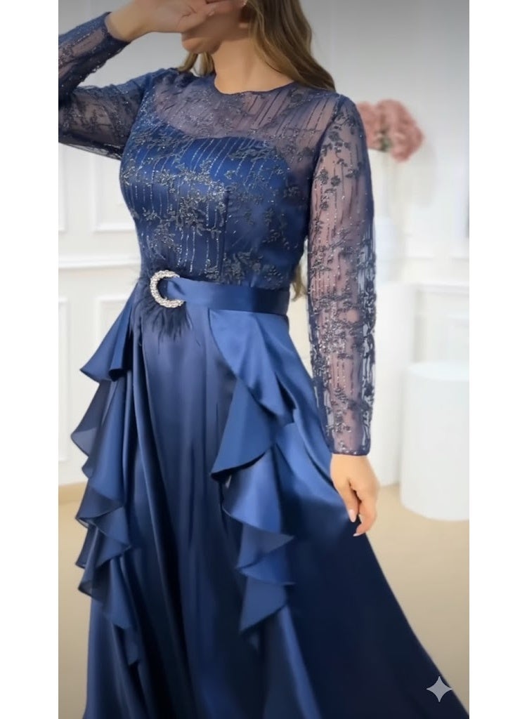 FULL JOY Elegant Maxi Dress with Sheer Lace Bodice, Long Sleeves And  Waist Belt,Fashion Dress. - Image 3